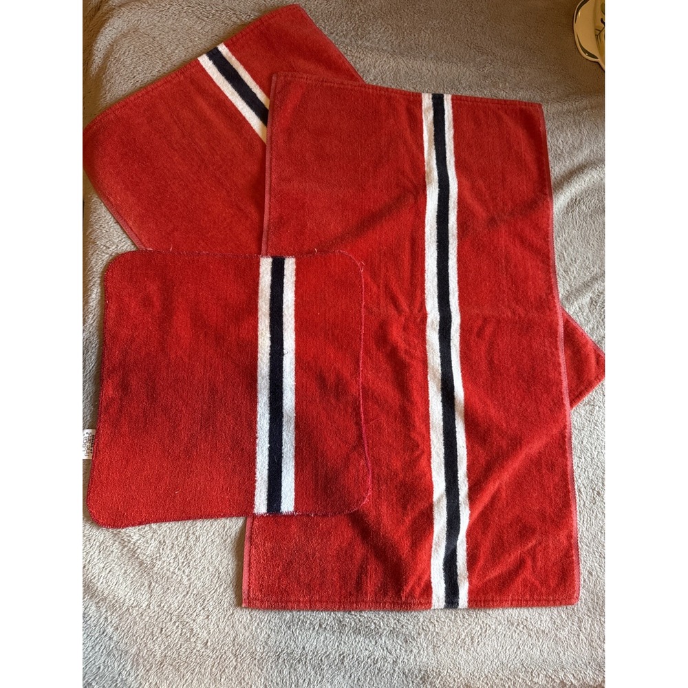Vintage Utica Stevens Bath Towel Set 3 Textured Striped Red White Black Cotton